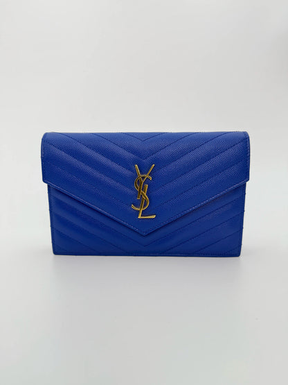 (AJ27) YSL Blue Caviar Cassandre Wallet on Chain, Gold Hardware