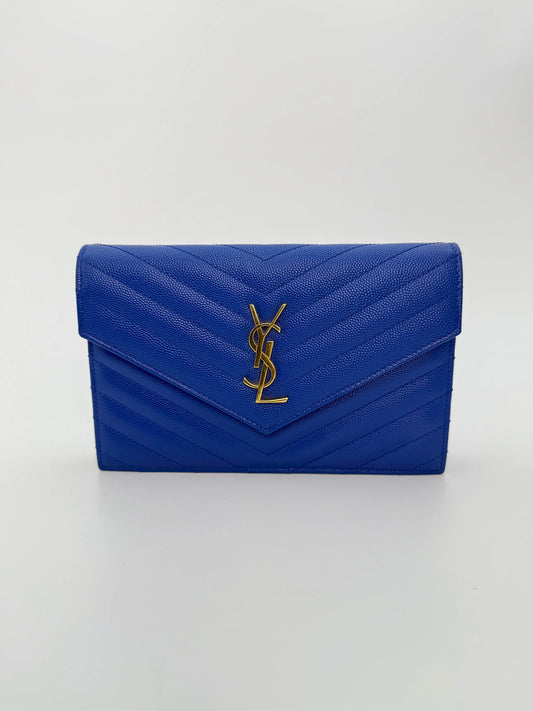(AJ27) YSL Blue Caviar Cassandre Wallet on Chain, Gold Hardware