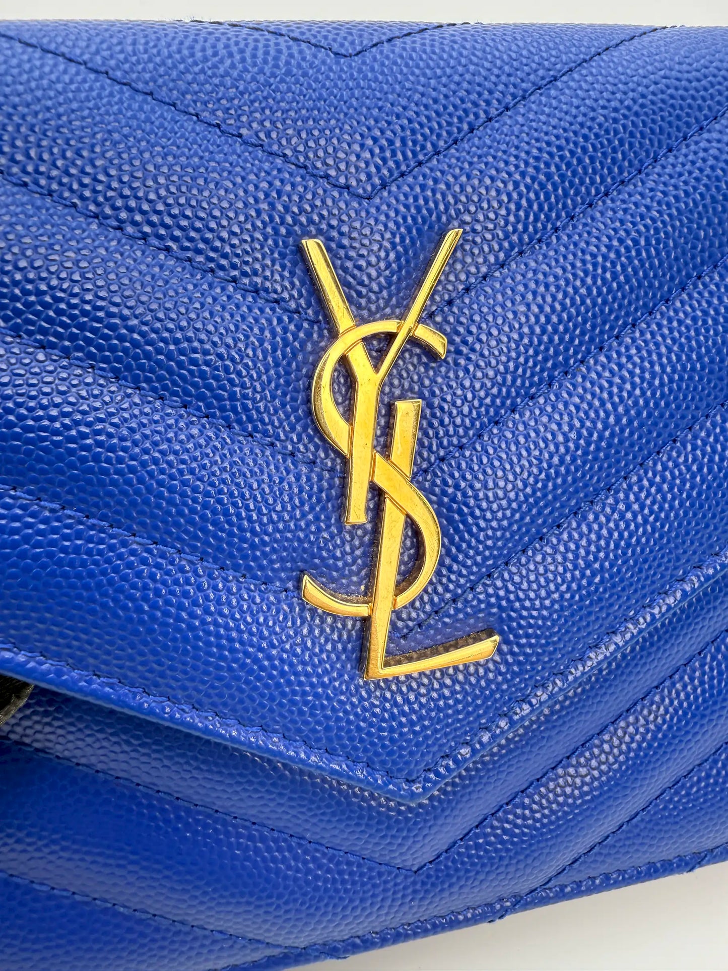 (AJ27) YSL Blue Caviar Cassandre Wallet on Chain, Gold Hardware