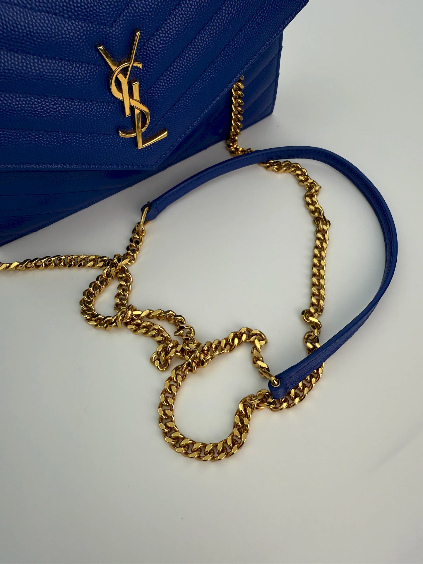 (AJ27) YSL Blue Caviar Cassandre Wallet on Chain, Gold Hardware