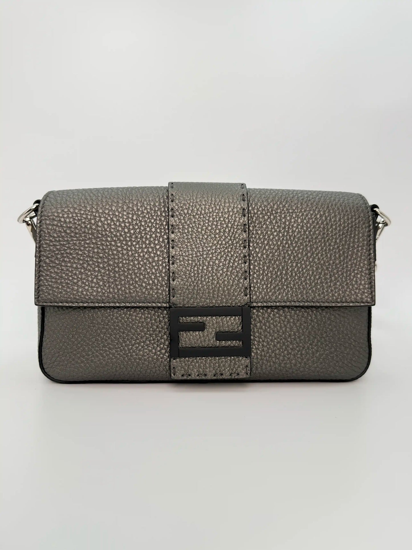 (AJ30) Fendi Grey Calf Leather Baguette Crossbody/Belt Bag, Silver Hardware