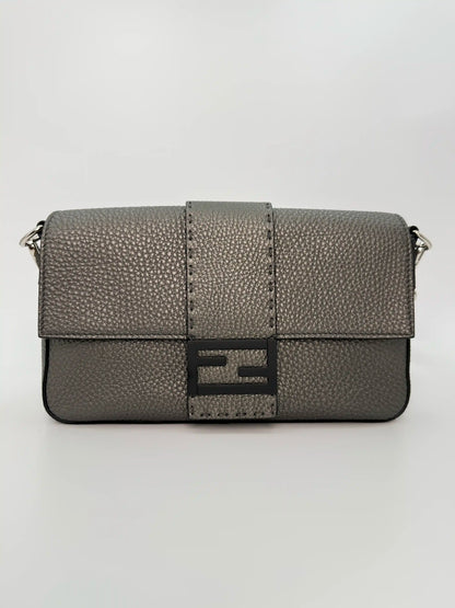 (AJ30) Fendi Grey Calf Leather Baguette Crossbody/Belt Bag, Silver Hardware