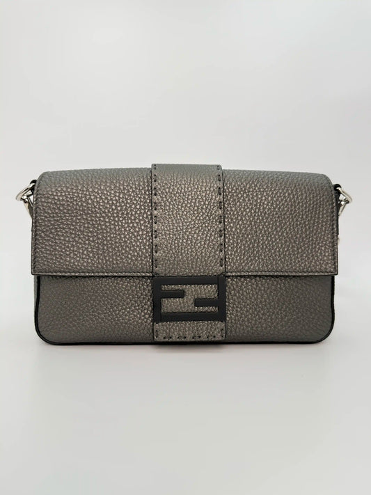 (AJ30) Fendi Grey Calf Leather Baguette Crossbody/Belt Bag, Silver Hardware