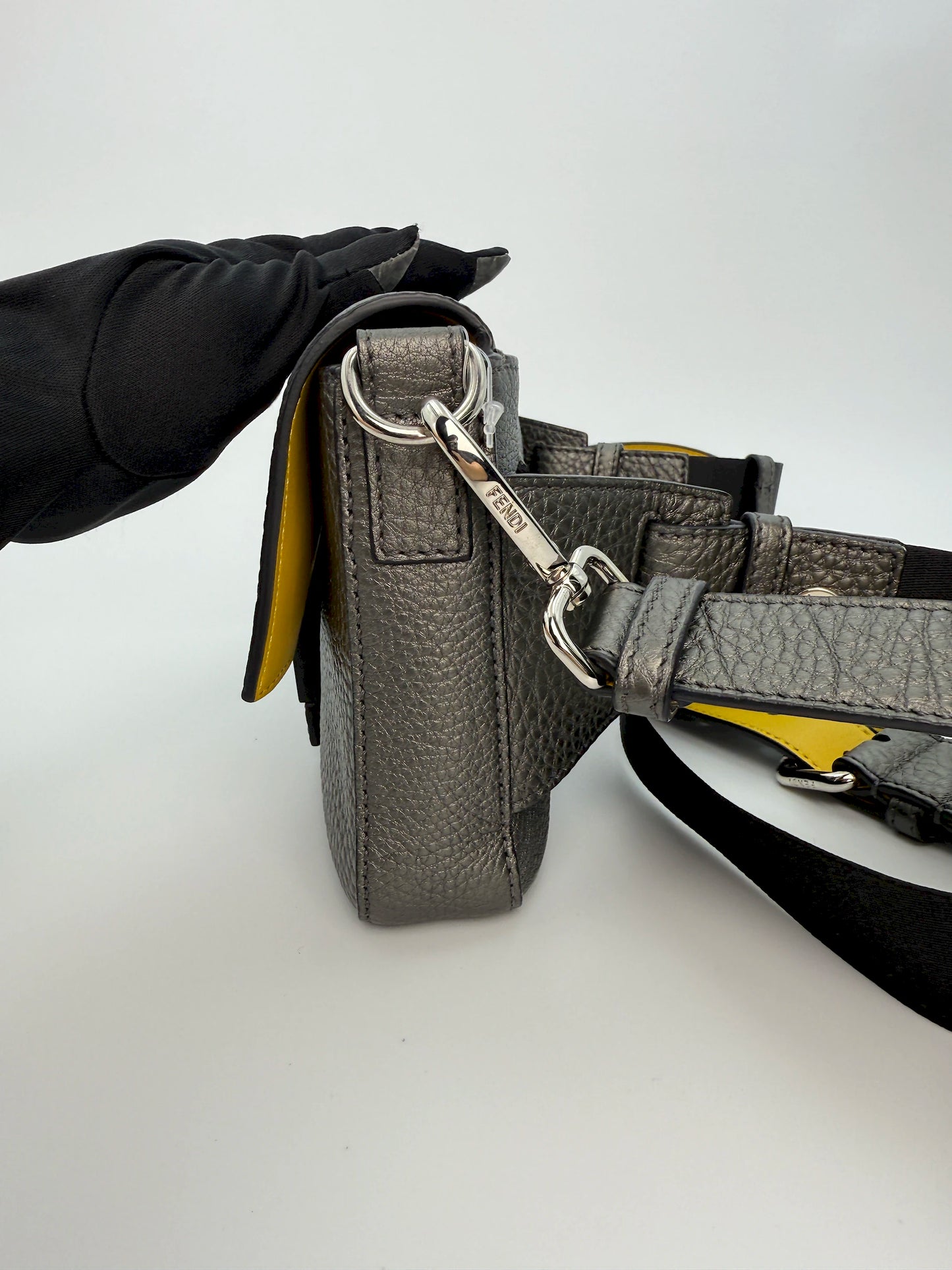 (AJ30) Fendi Grey Calf Leather Baguette Crossbody/Belt Bag, Silver Hardware