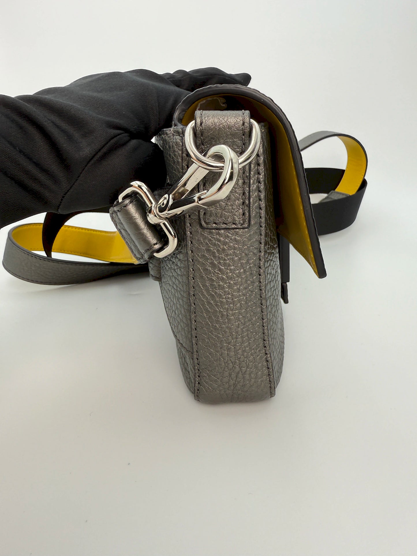 (AJ30) Fendi Grey Calf Leather Baguette Crossbody/Belt Bag, Silver Hardware