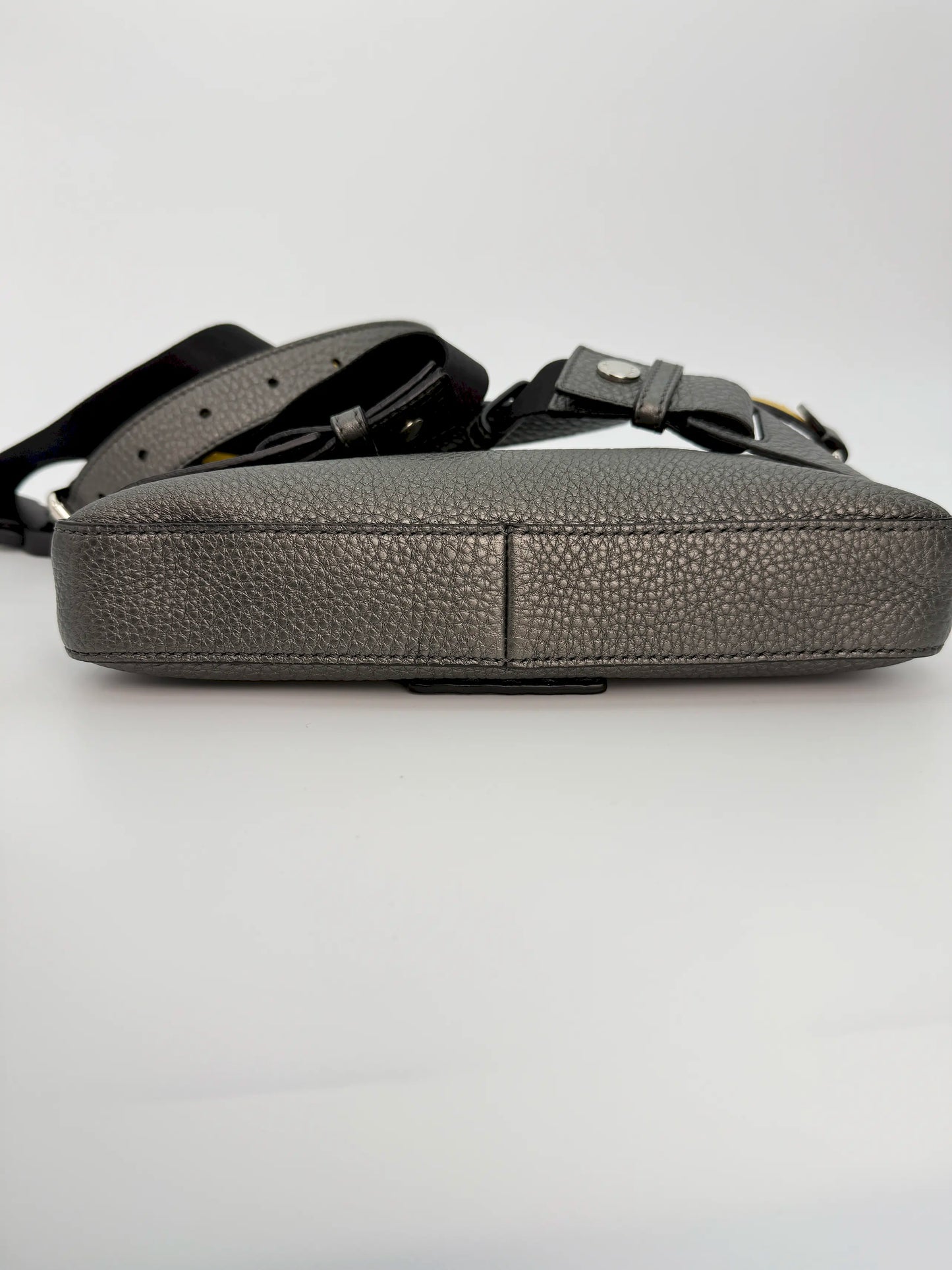 (AJ30) Fendi Grey Calf Leather Baguette Crossbody/Belt Bag, Silver Hardware