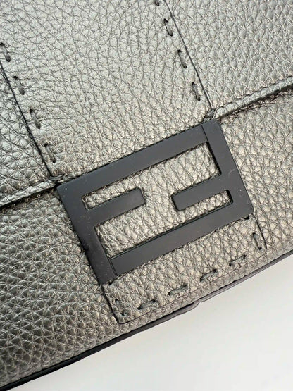 (AJ30) Fendi Grey Calf Leather Baguette Crossbody/Belt Bag, Silver Hardware