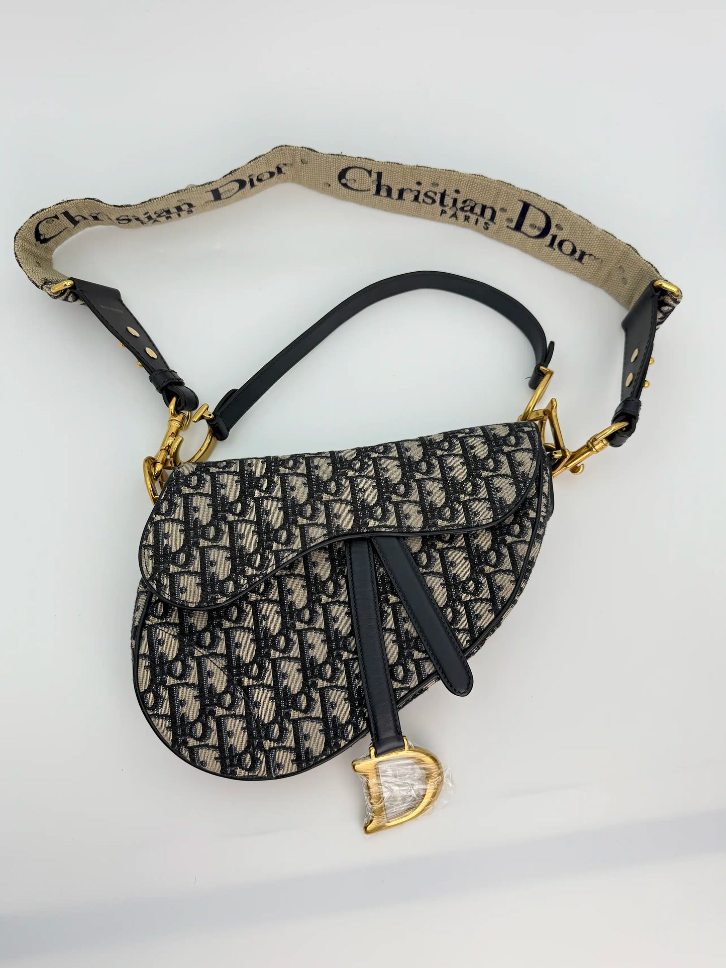 (AJ29) Dior Navy Oblique Medium Saddle Bag, Antique Gold Hardware