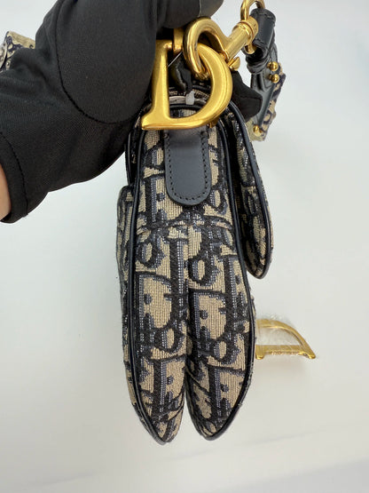 (AJ29) Dior Navy Oblique Medium Saddle Bag, Antique Gold Hardware