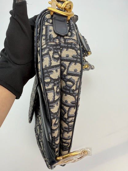 (AJ29) Dior Navy Oblique Medium Saddle Bag, Antique Gold Hardware