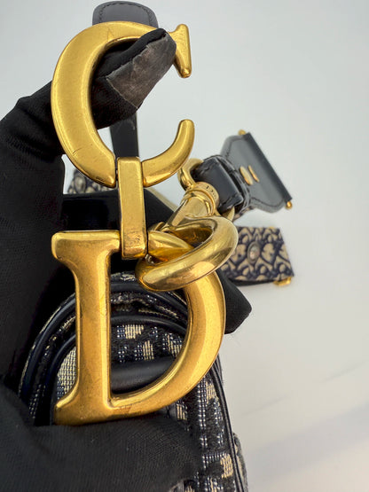 (AJ29) Dior Navy Oblique Medium Saddle Bag, Antique Gold Hardware