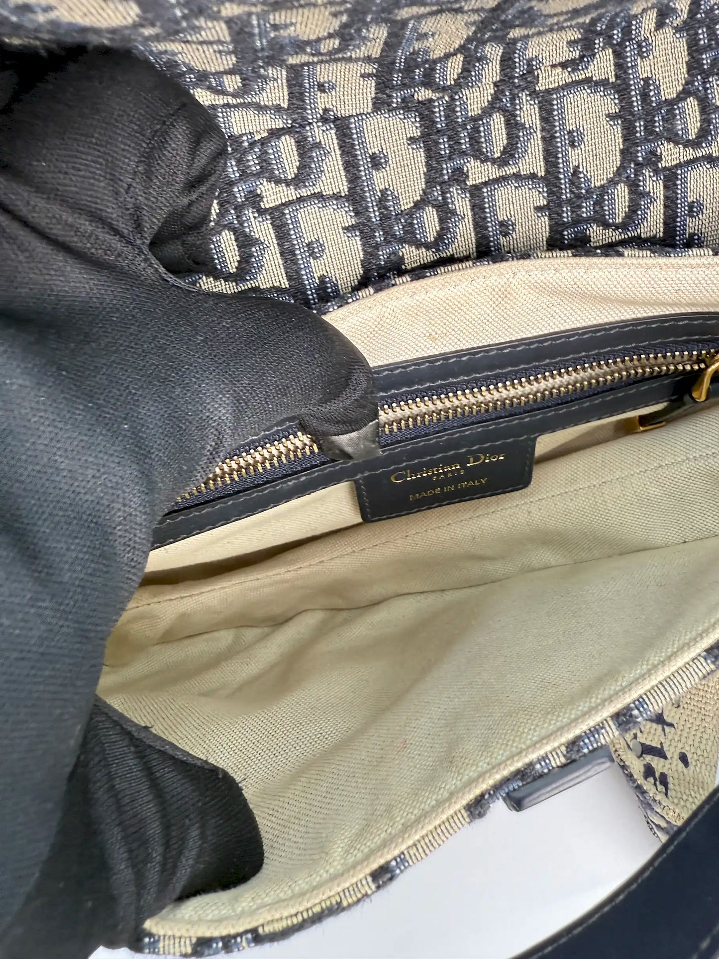 (AJ29) Dior Navy Oblique Medium Saddle Bag, Antique Gold Hardware