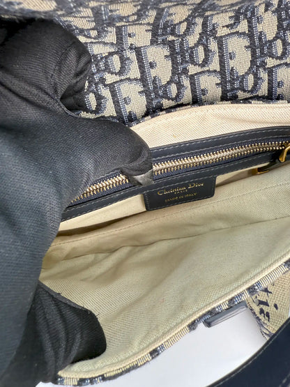 (AJ29) Dior Navy Oblique Medium Saddle Bag, Antique Gold Hardware