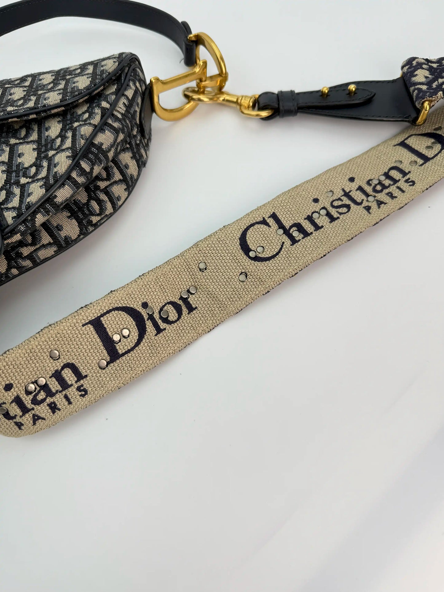 (AJ29) Dior Navy Oblique Medium Saddle Bag, Antique Gold Hardware