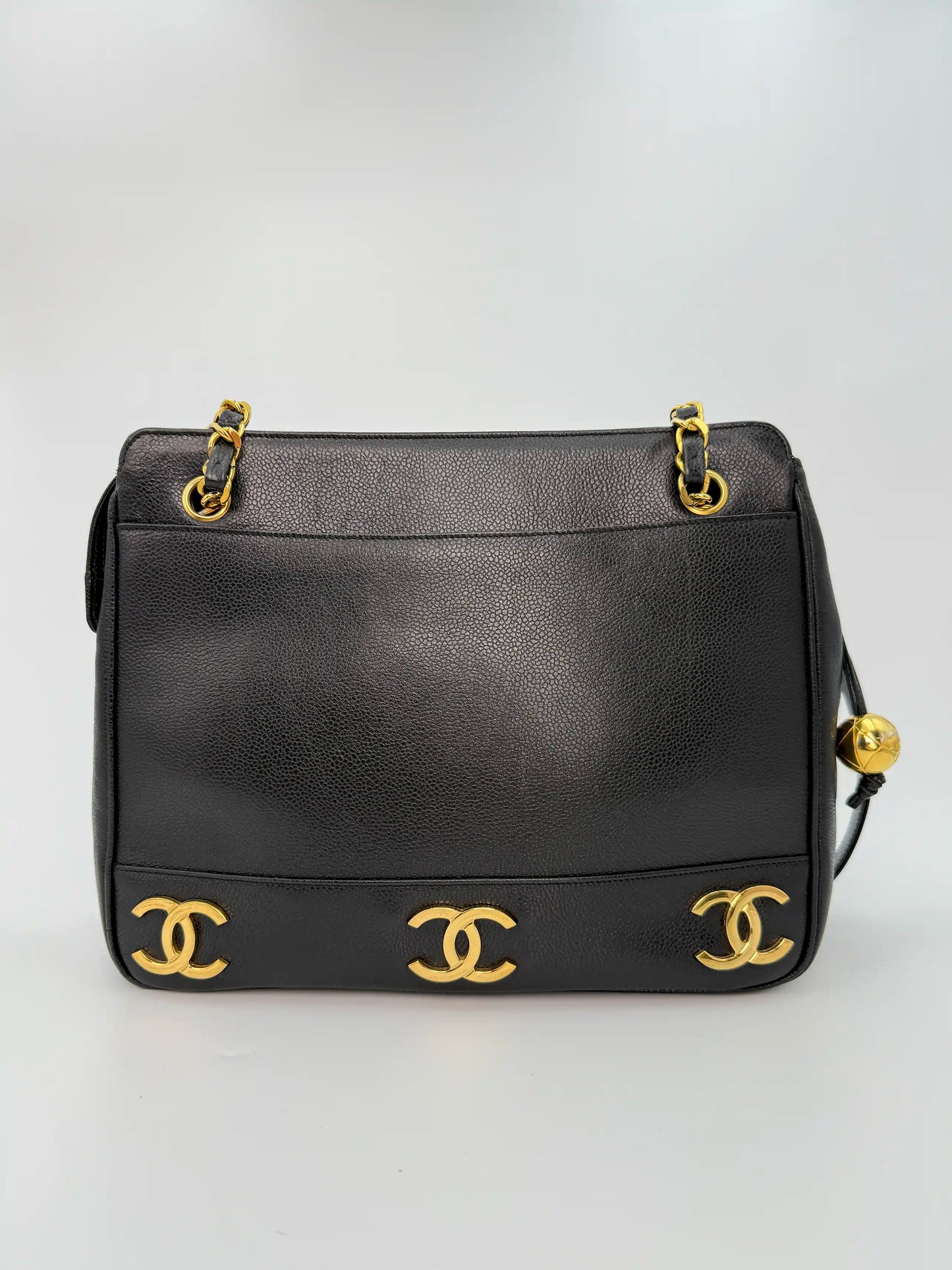 (AJ32) Chanel Black Caviar Triple CC Tote, 24K Gold-Plated Hardware
