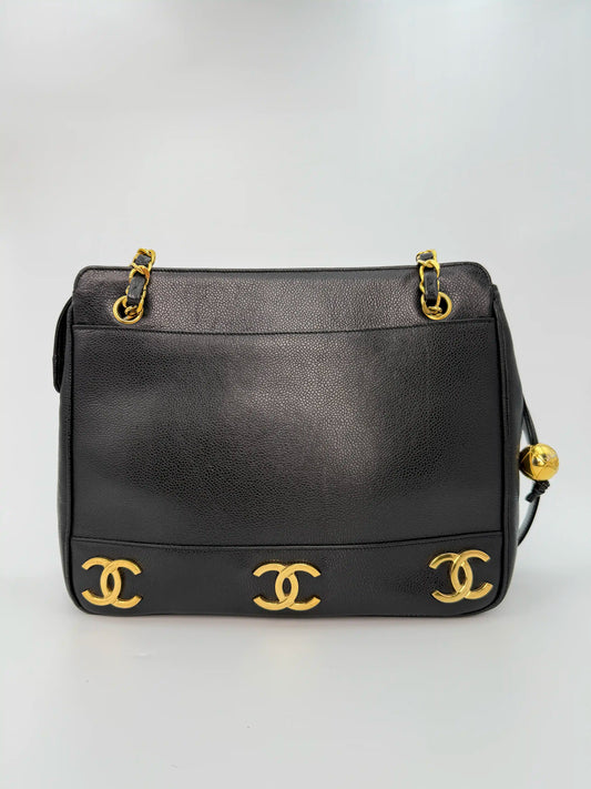 (AJ32) Chanel Black Caviar Triple CC Tote, 24K Gold-Plated Hardware