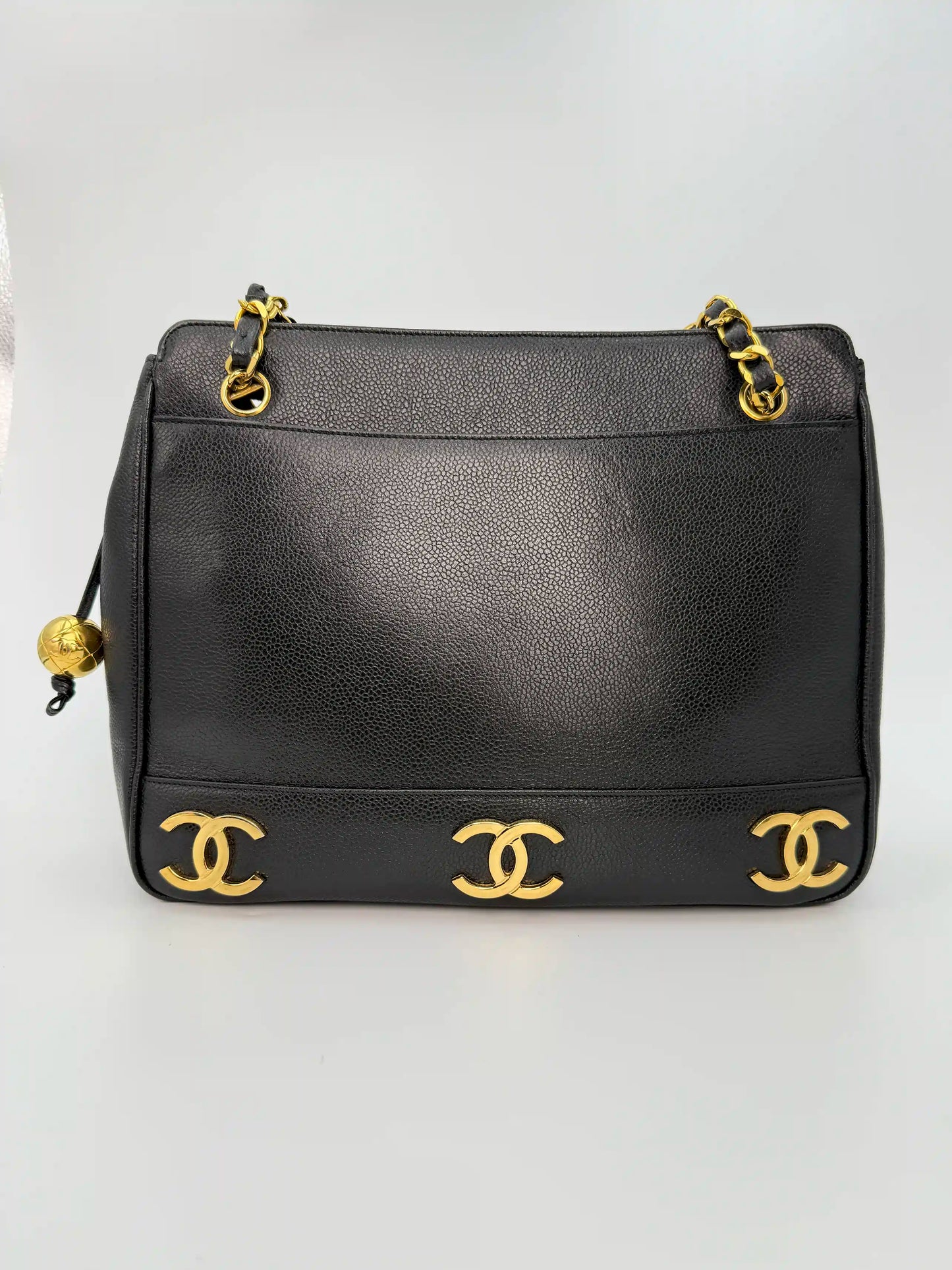 (AJ32) Chanel Black Caviar Triple CC Tote, 24K Gold-Plated Hardware