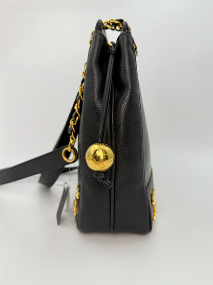 (AJ32) Chanel Black Caviar Triple CC Tote, 24K Gold-Plated Hardware