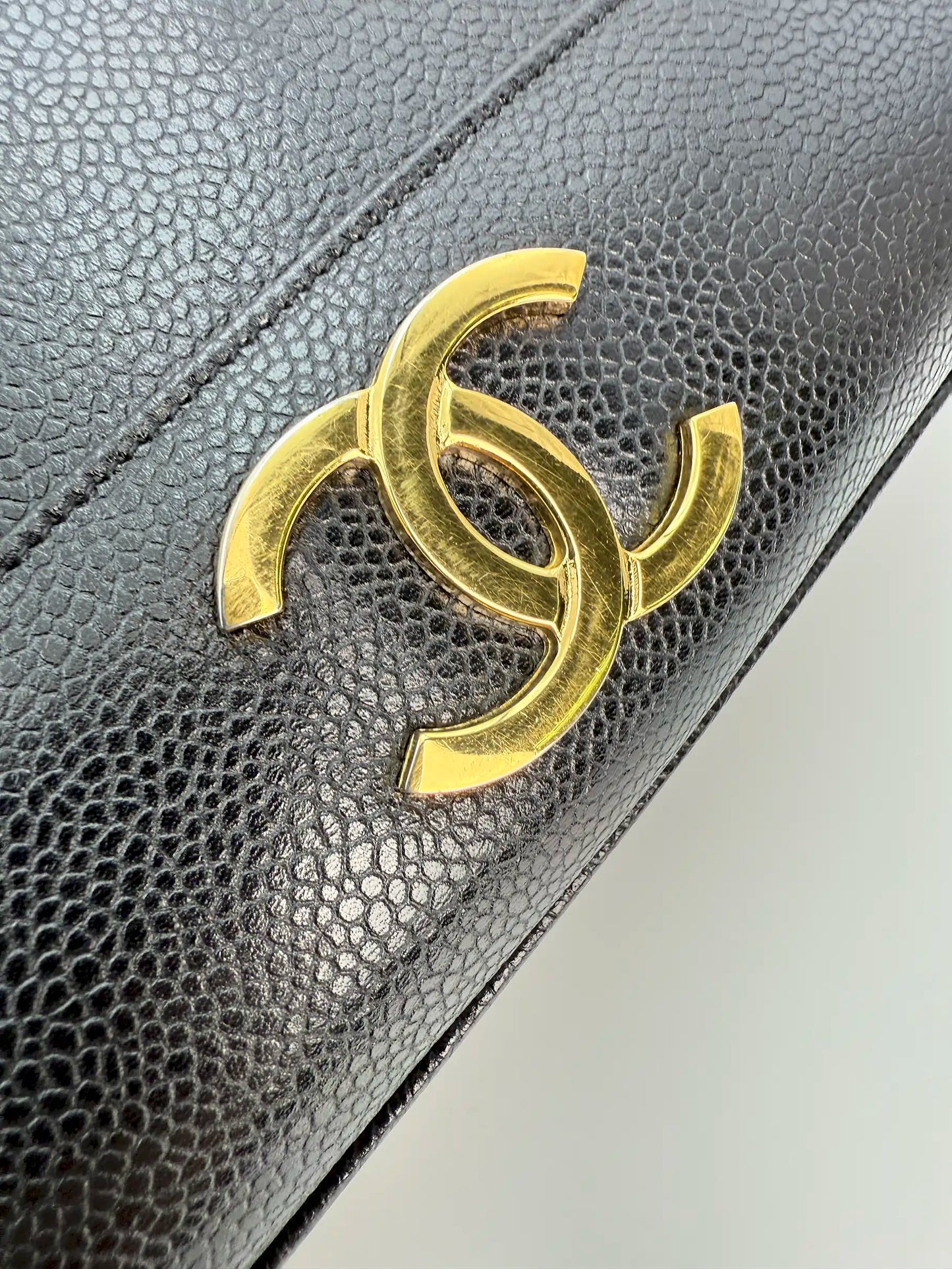 (AJ32) Chanel Black Caviar Triple CC Tote, 24K Gold-Plated Hardware