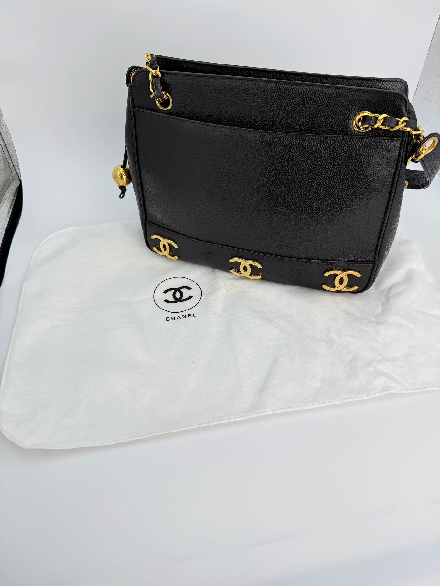 (AJ32) Chanel Black Caviar Triple CC Tote, 24K Gold-Plated Hardware