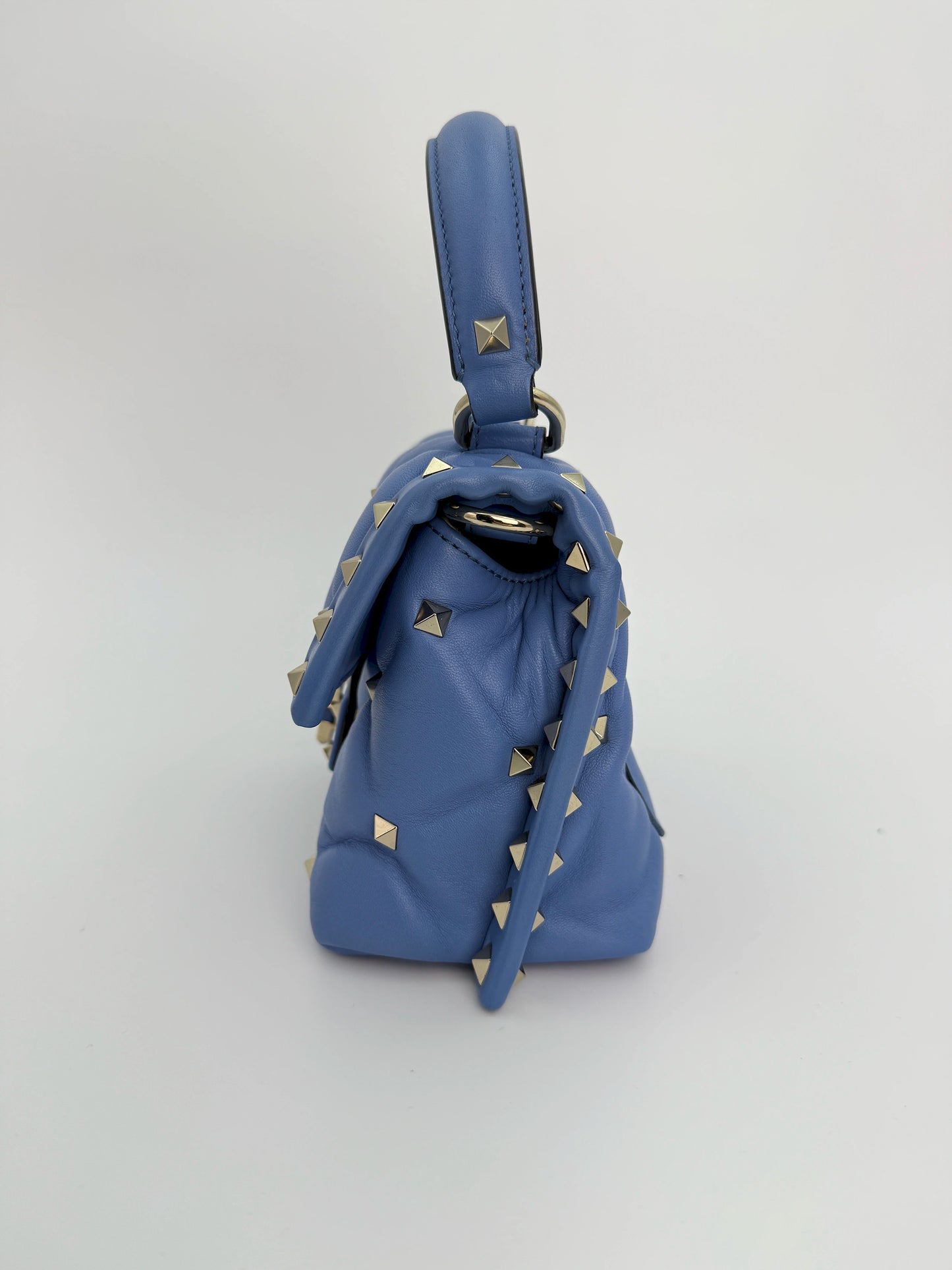 (AJ34) Valentino Blue Quilted Calf Leather Mini Candystud Top Handle Crossbody Bag, Silver Hardware