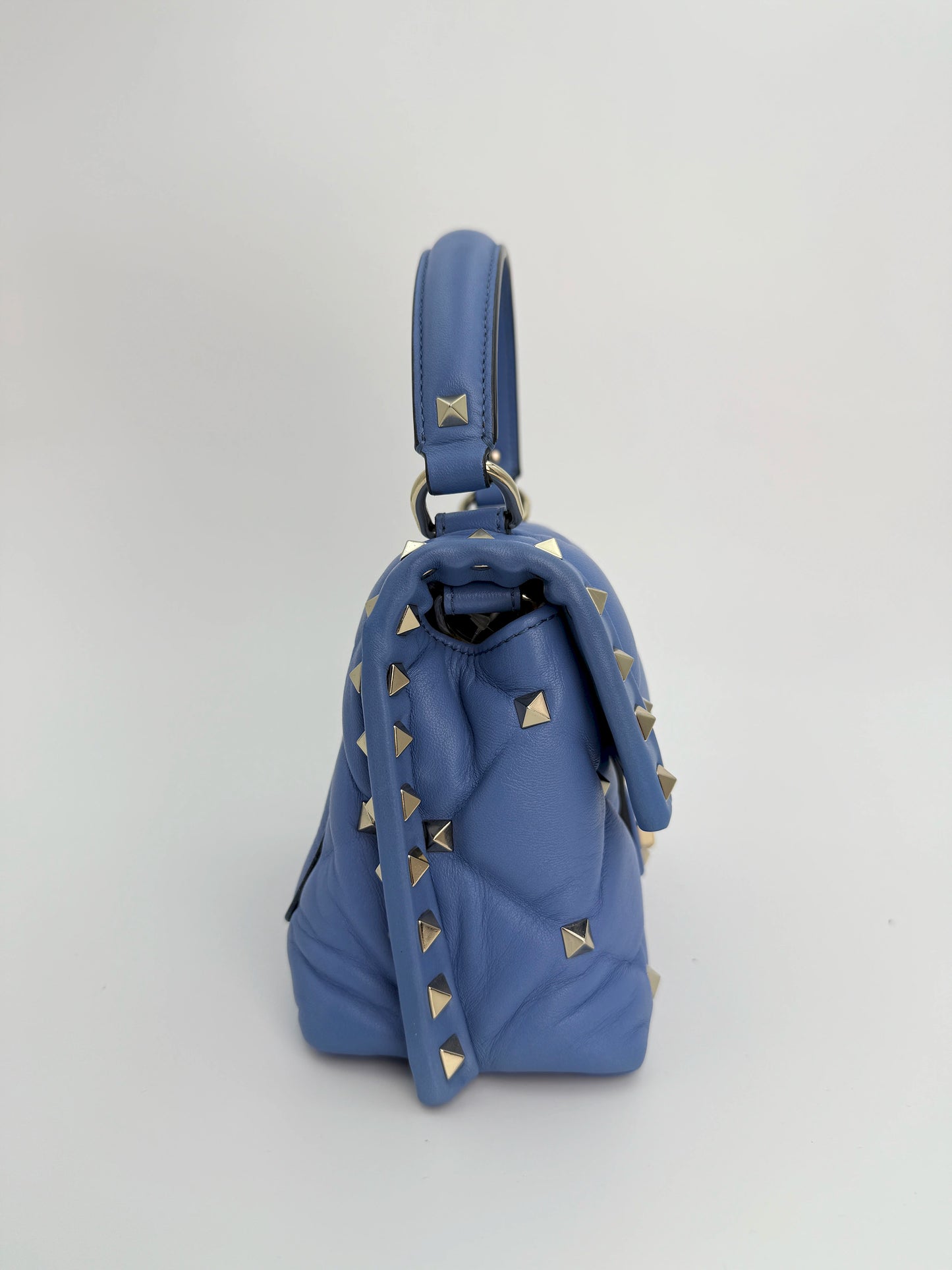 (AJ34) Valentino Blue Quilted Calf Leather Mini Candystud Top Handle Crossbody Bag, Silver Hardware