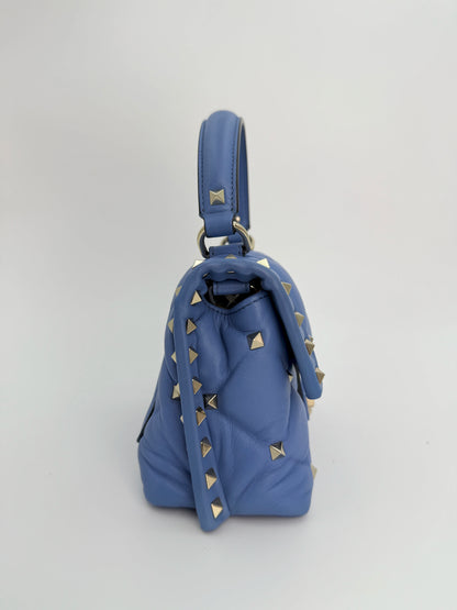 (AJ34) Valentino Blue Quilted Calf Leather Mini Candystud Top Handle Crossbody Bag, Silver Hardware