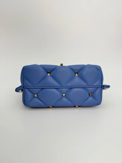 (AJ34) Valentino Blue Quilted Calf Leather Mini Candystud Top Handle Crossbody Bag, Silver Hardware