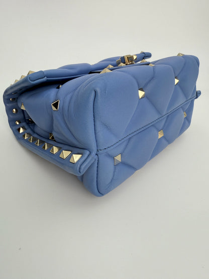 (AJ34) Valentino Blue Quilted Calf Leather Mini Candystud Top Handle Crossbody Bag, Silver Hardware