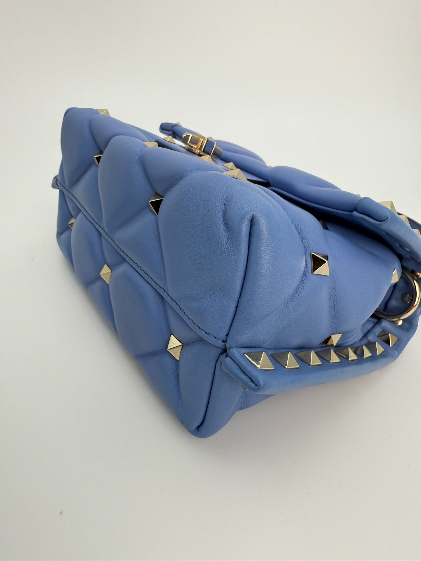 (AJ34) Valentino Blue Quilted Calf Leather Mini Candystud Top Handle Crossbody Bag, Silver Hardware