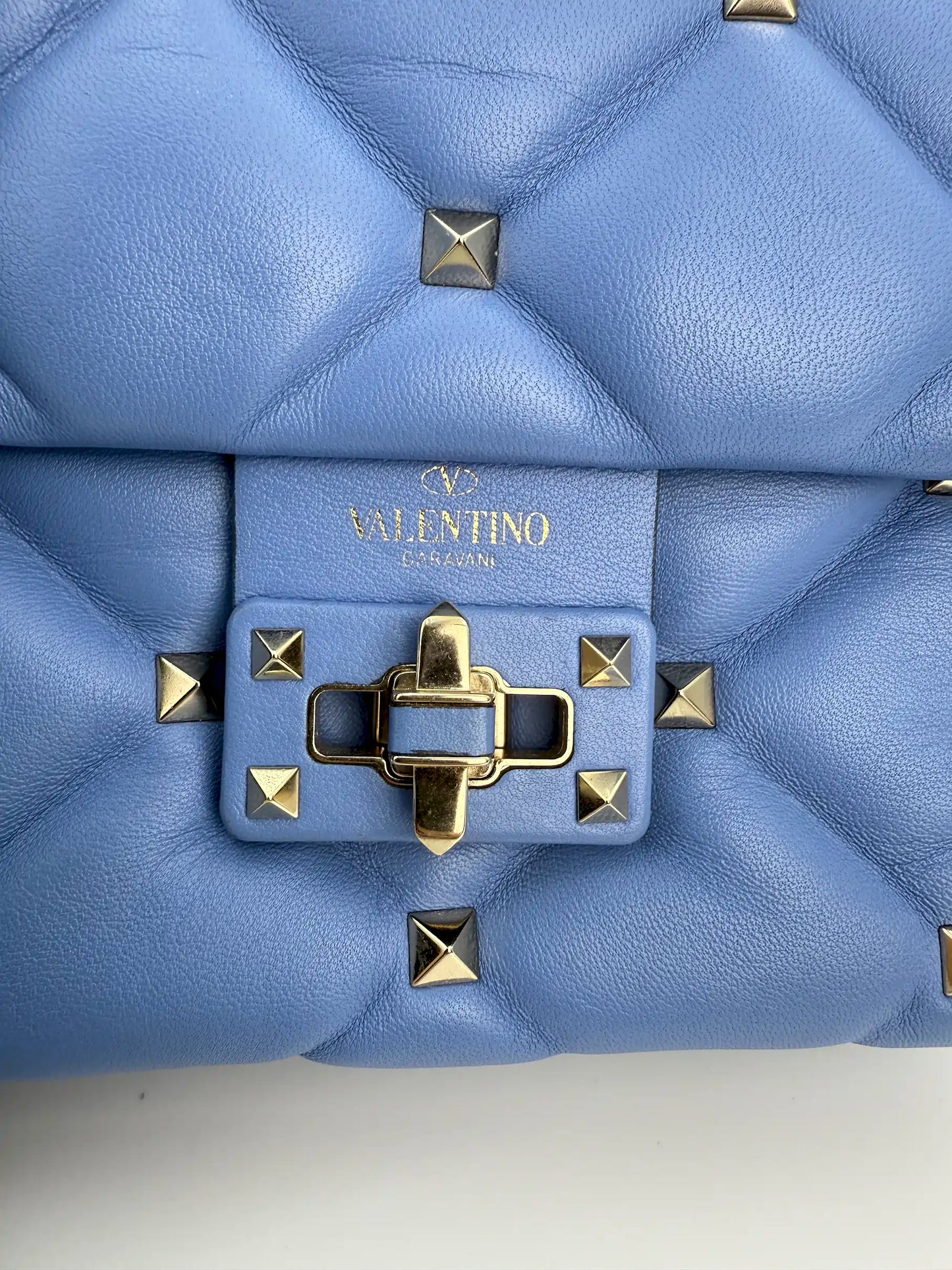 (AJ34) Valentino Blue Quilted Calf Leather Mini Candystud Top Handle Crossbody Bag, Silver Hardware