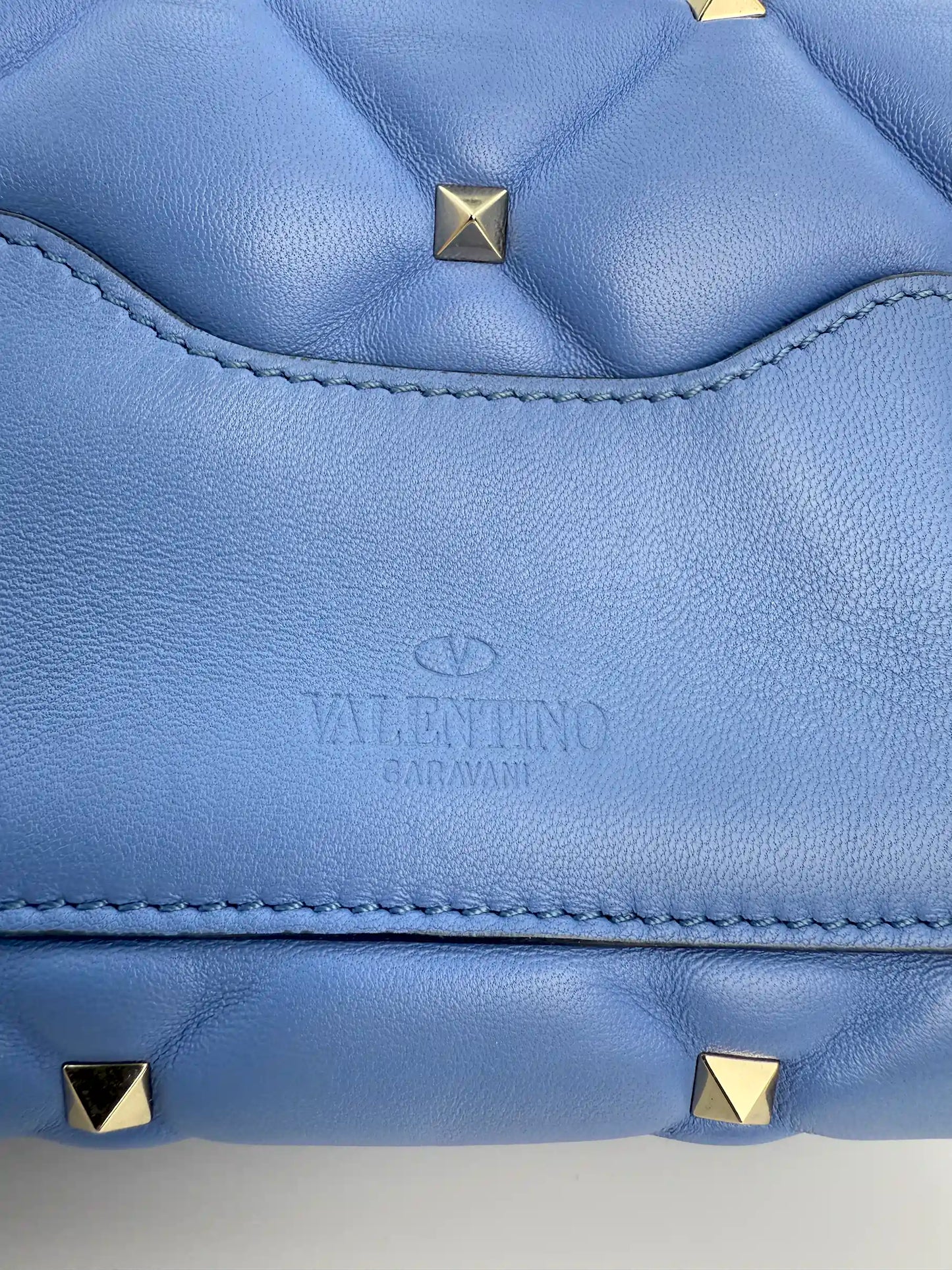 (AJ34) Valentino Blue Quilted Calf Leather Mini Candystud Top Handle Crossbody Bag, Silver Hardware