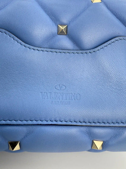 (AJ34) Valentino Blue Quilted Calf Leather Mini Candystud Top Handle Crossbody Bag, Silver Hardware