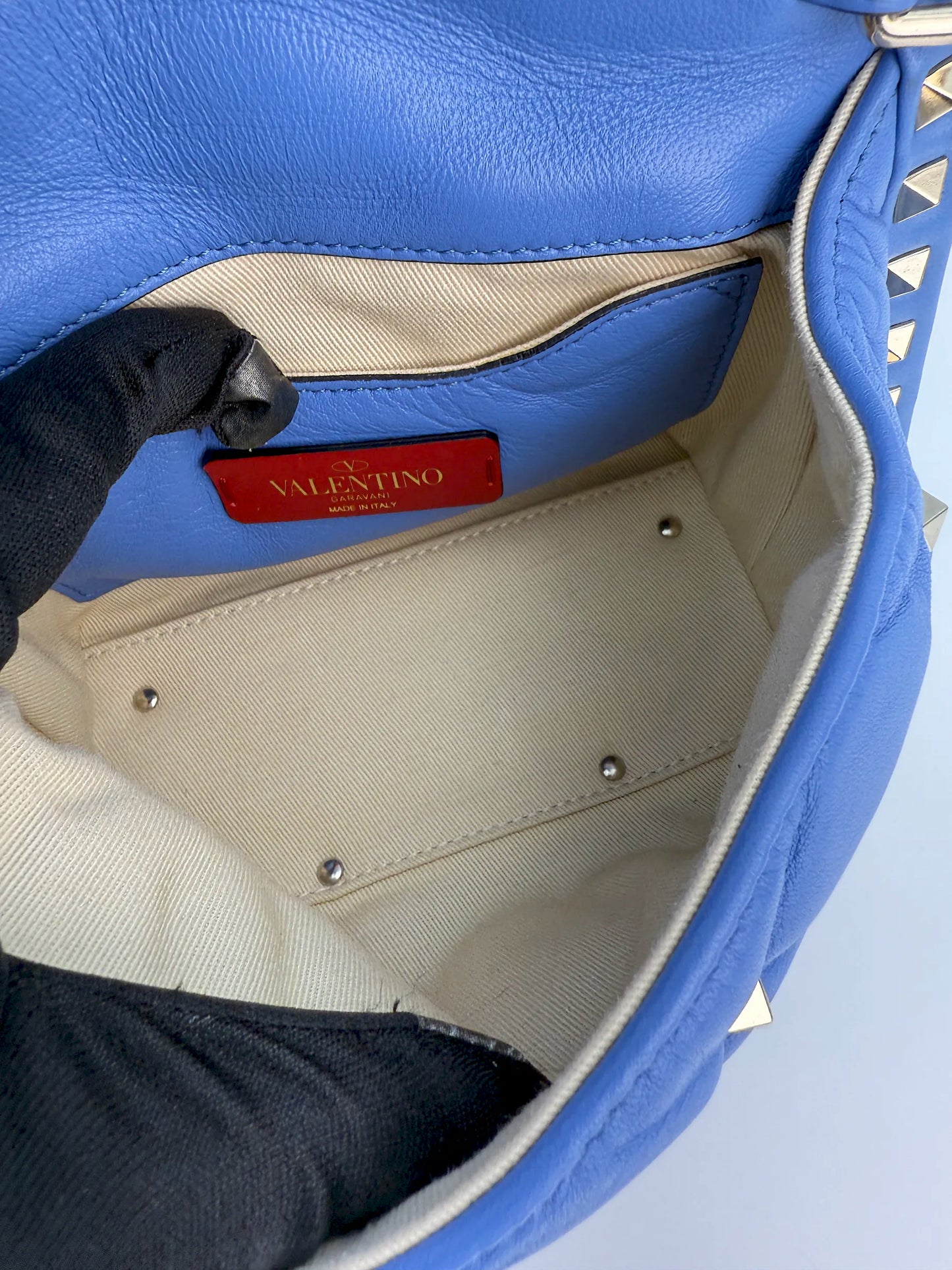 (AJ34) Valentino Blue Quilted Calf Leather Mini Candystud Top Handle Crossbody Bag, Silver Hardware