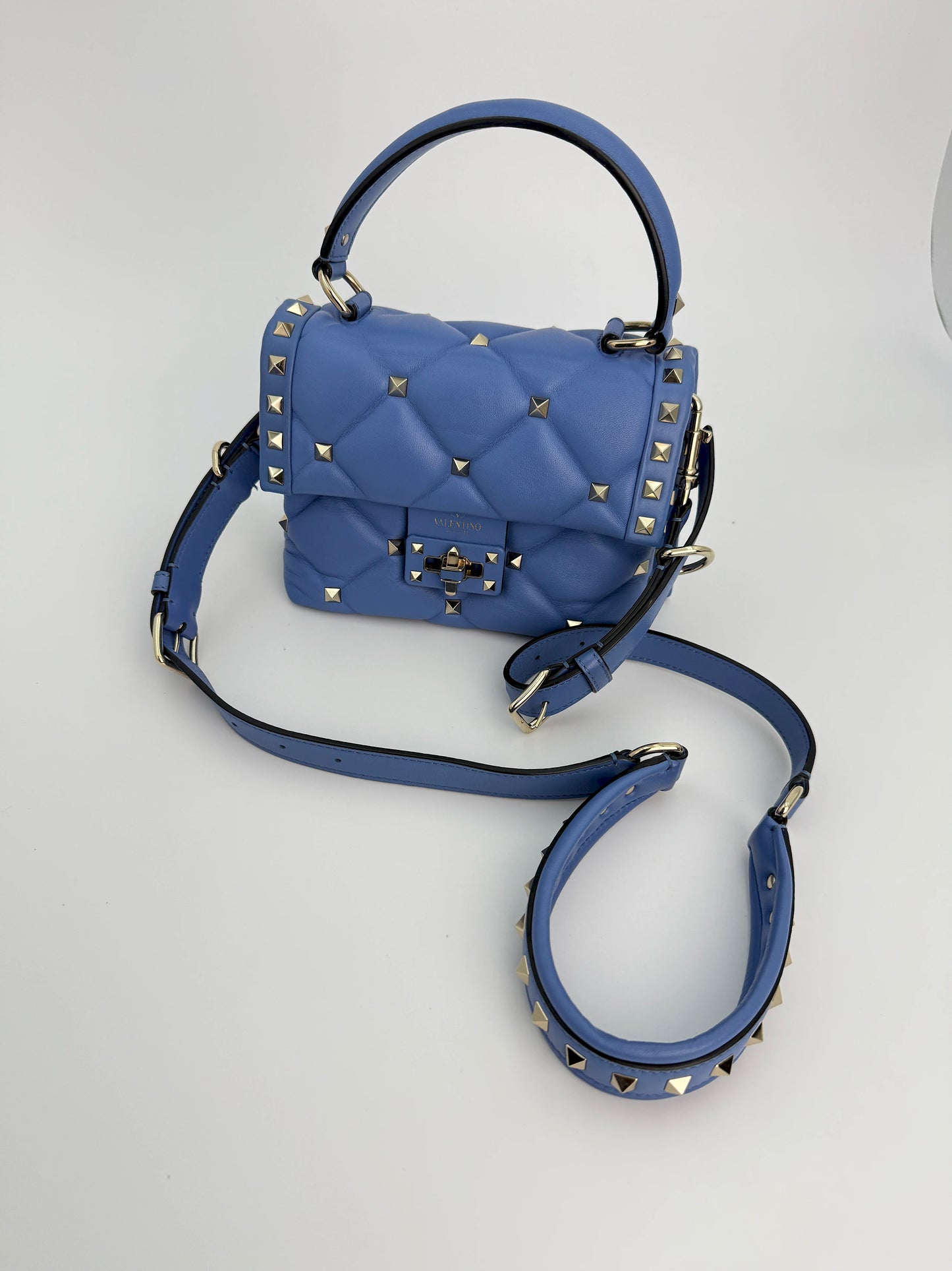 (AJ34) Valentino Blue Quilted Calf Leather Mini Candystud Top Handle Crossbody Bag, Silver Hardware