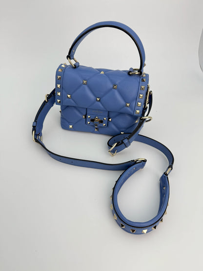 (AJ34) Valentino Blue Quilted Calf Leather Mini Candystud Top Handle Crossbody Bag, Silver Hardware