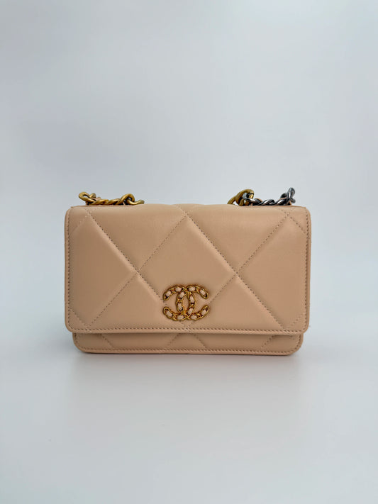 (AJ35) Chanel Beige Lambskin 19 Wallet on Chain, Gold & Silver Hardware