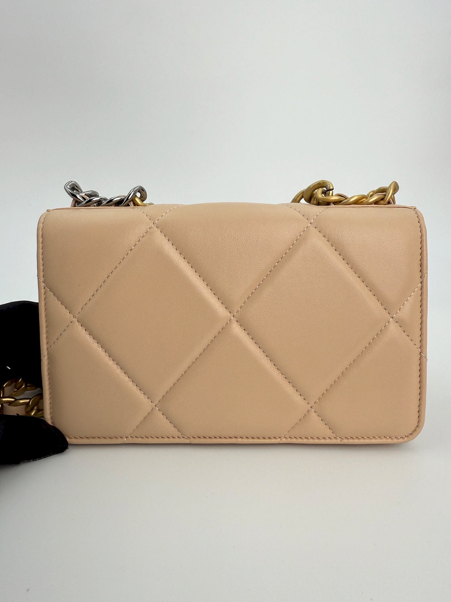 (AJ35) Chanel Beige Lambskin 19 Wallet on Chain, Gold & Silver Hardware