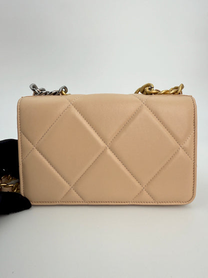 (AJ35) Chanel Beige Lambskin 19 Wallet on Chain, Gold & Silver Hardware