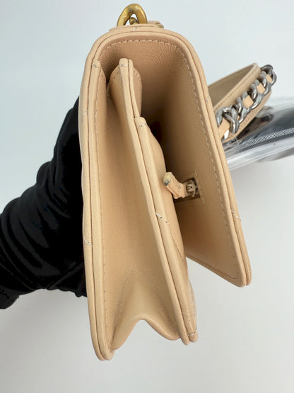 (AJ35) Chanel Beige Lambskin 19 Wallet on Chain, Gold & Silver Hardware