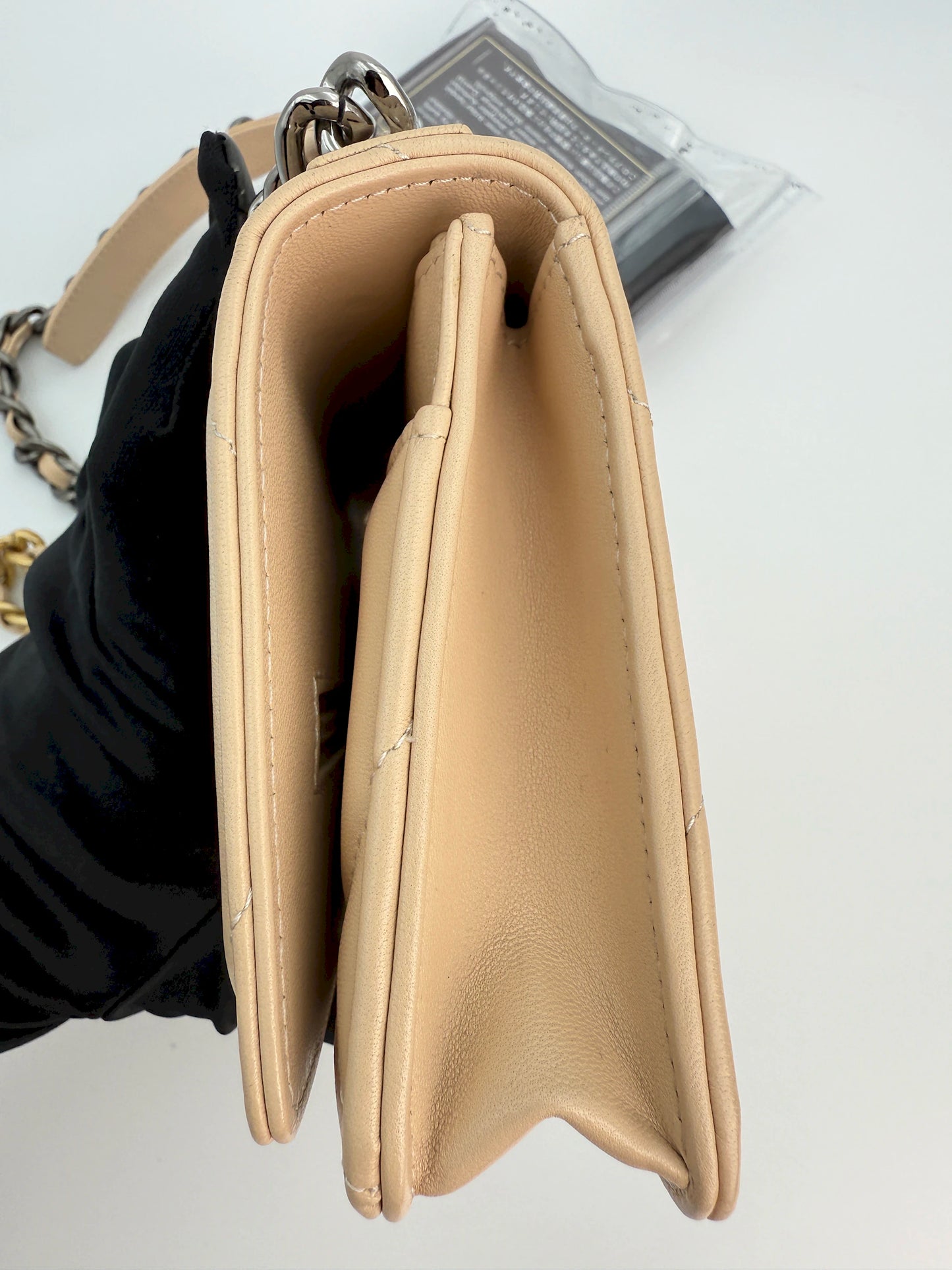 (AJ35) Chanel Beige Lambskin 19 Wallet on Chain, Gold & Silver Hardware