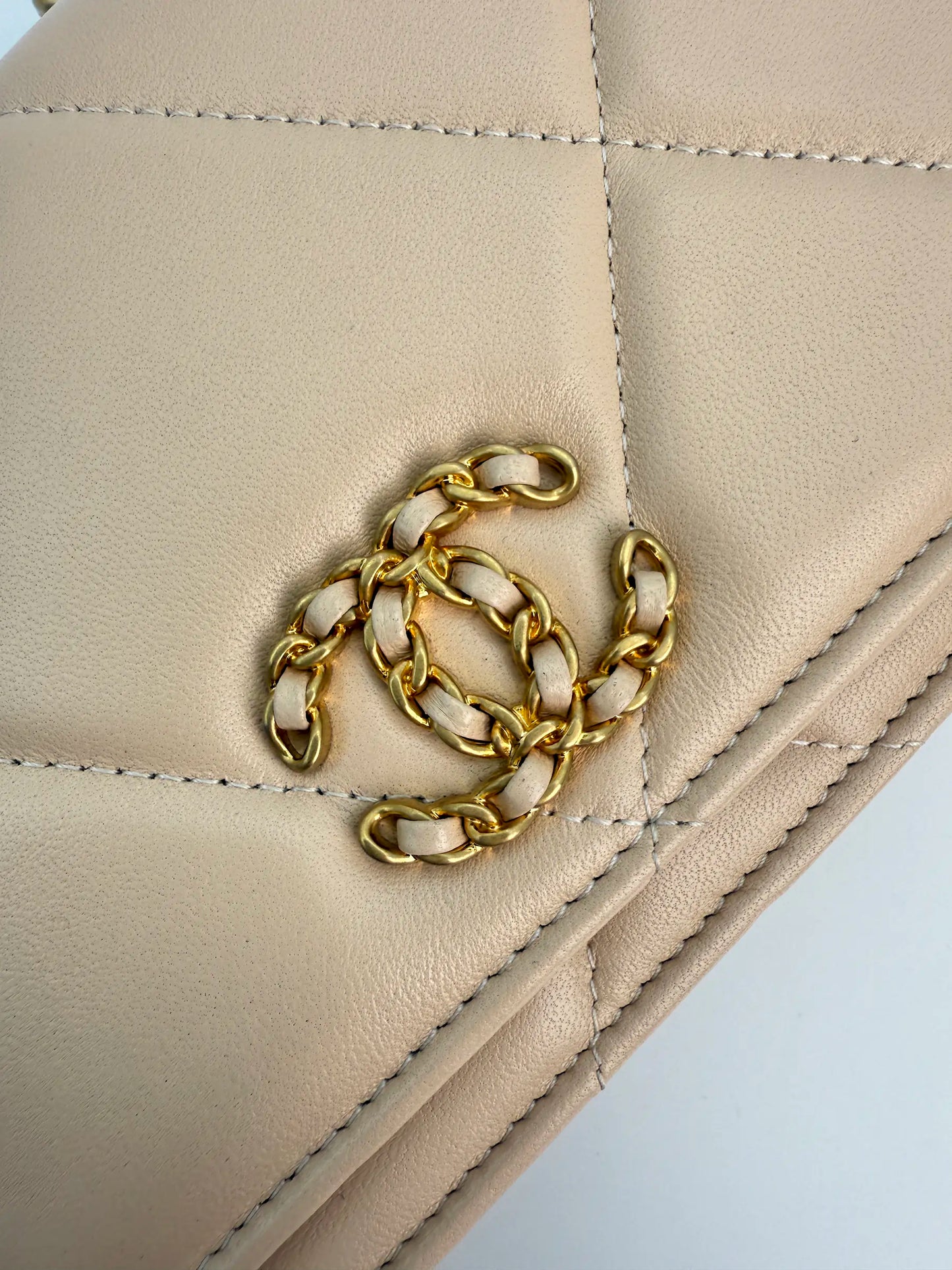 (AJ35) Chanel Beige Lambskin 19 Wallet on Chain, Gold & Silver Hardware