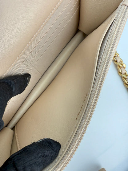 (AJ35) Chanel Beige Lambskin 19 Wallet on Chain, Gold & Silver Hardware