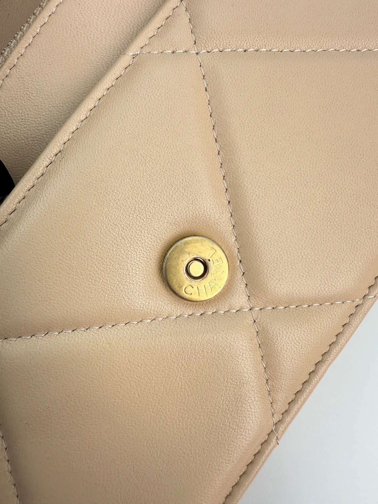(AJ35) Chanel Beige Lambskin 19 Wallet on Chain, Gold & Silver Hardware