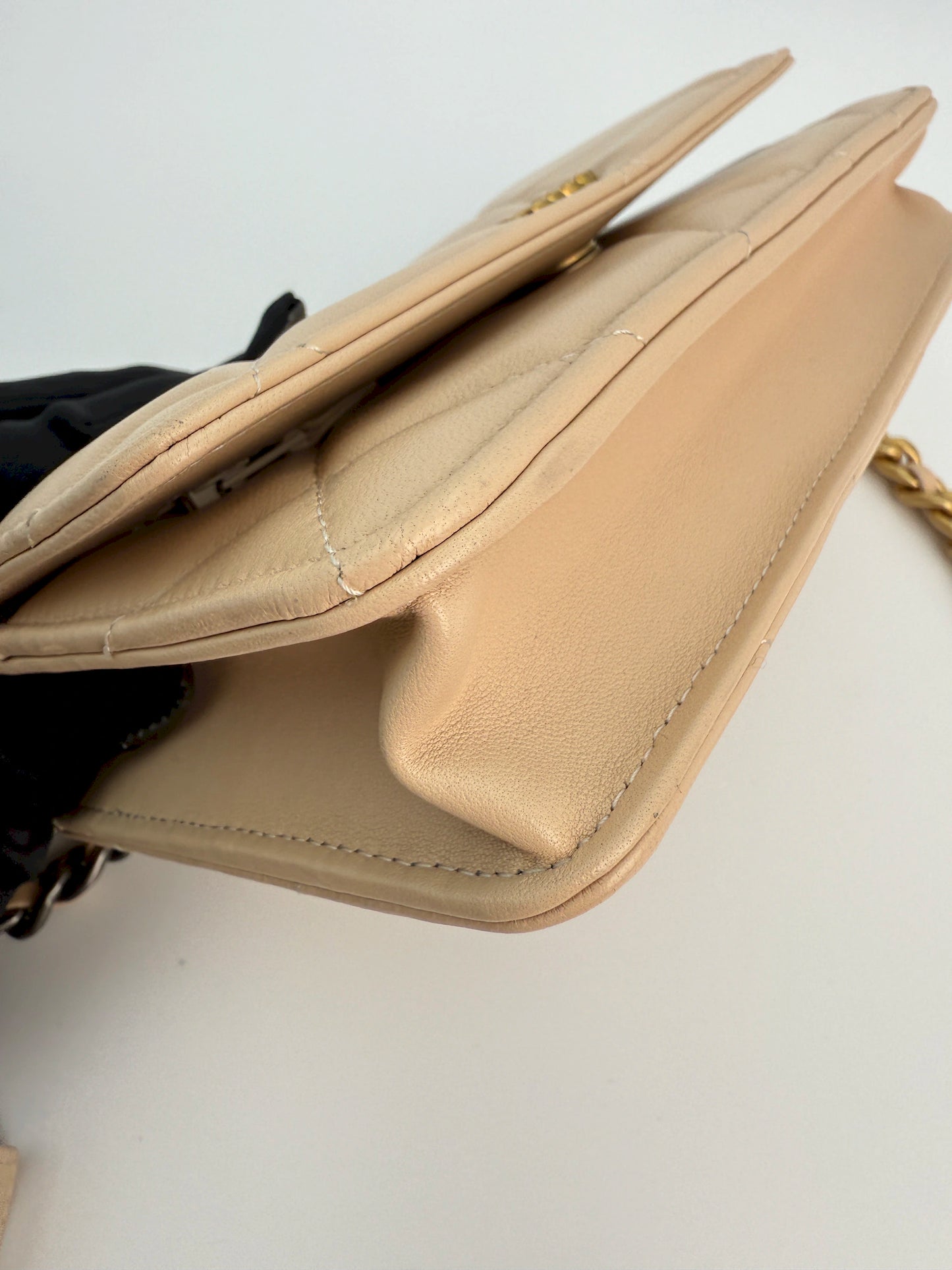 (AJ35) Chanel Beige Lambskin 19 Wallet on Chain, Gold & Silver Hardware