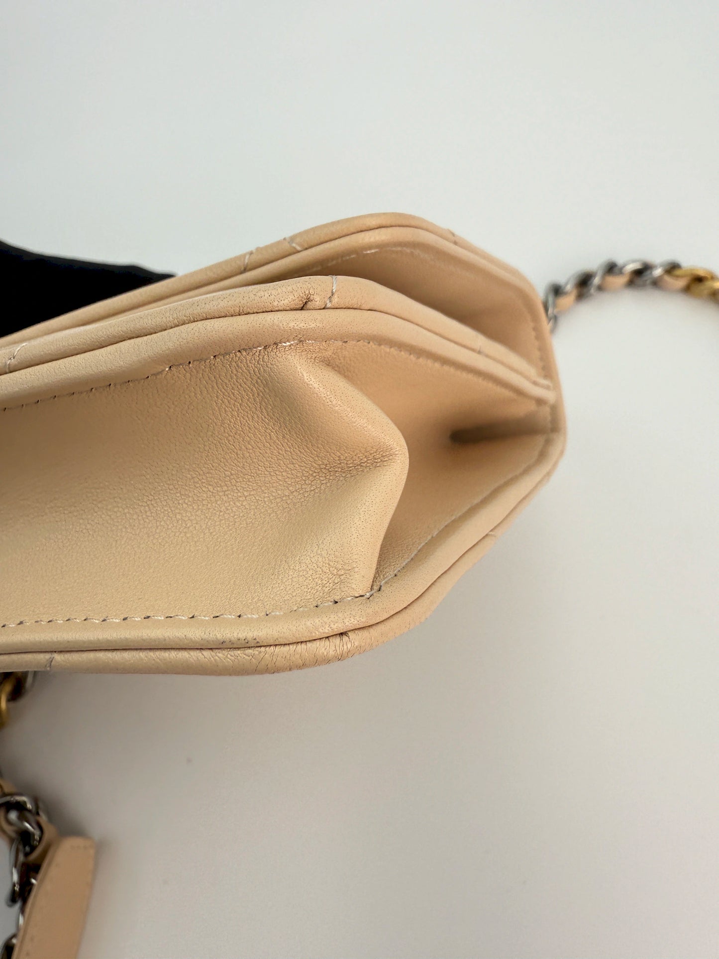 (AJ35) Chanel Beige Lambskin 19 Wallet on Chain, Gold & Silver Hardware