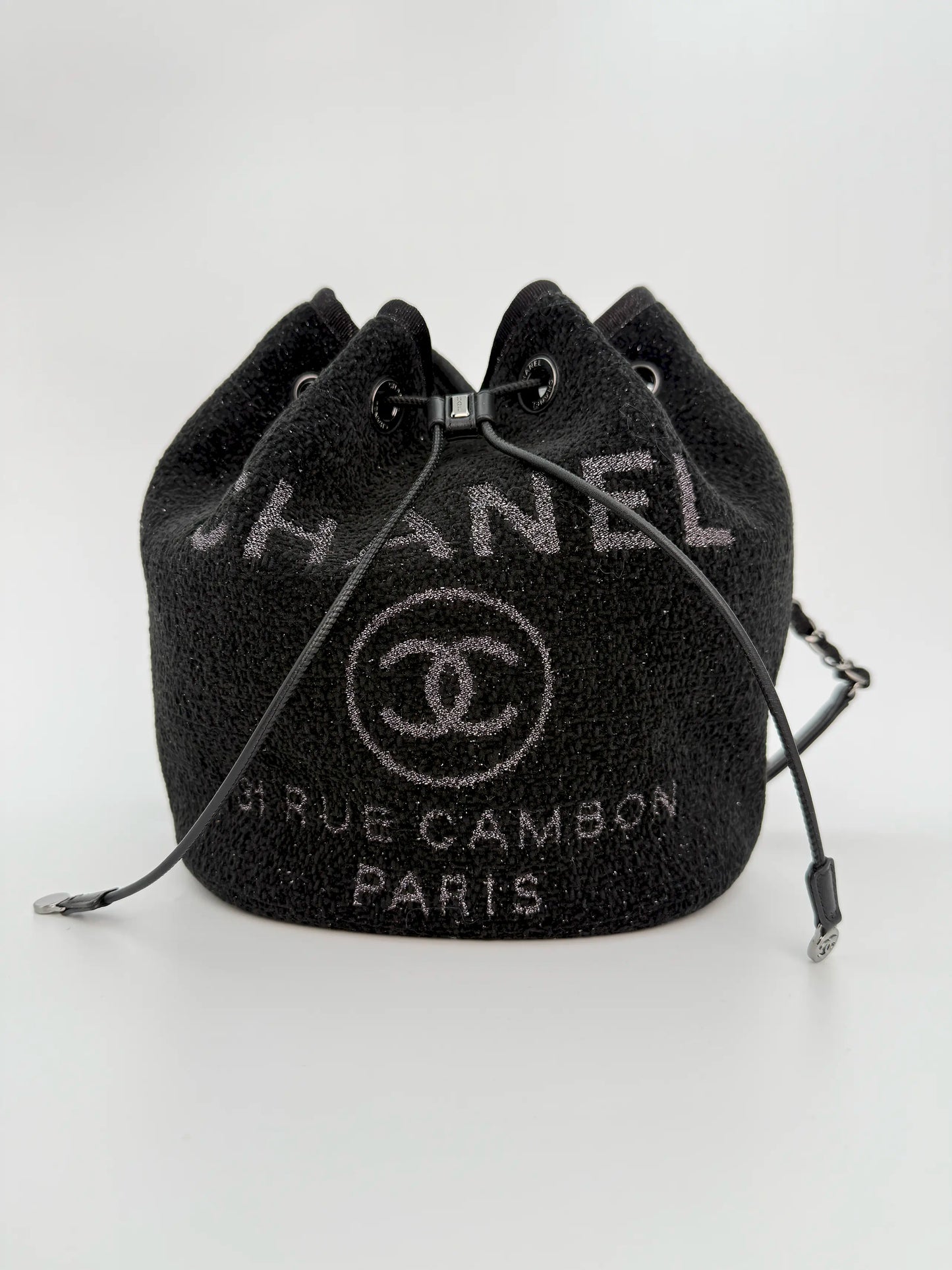 (AJ37) Chanel Black Canvas Deauville Drawstring Bucket Bag, Silver Hardware