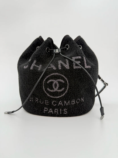 (AJ37) Chanel Black Canvas Deauville Drawstring Bucket Bag, Silver Hardware