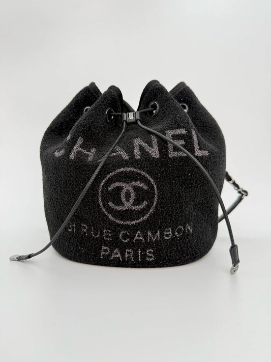 (AJ37) Chanel Black Canvas Deauville Drawstring Bucket Bag, Silver Hardware