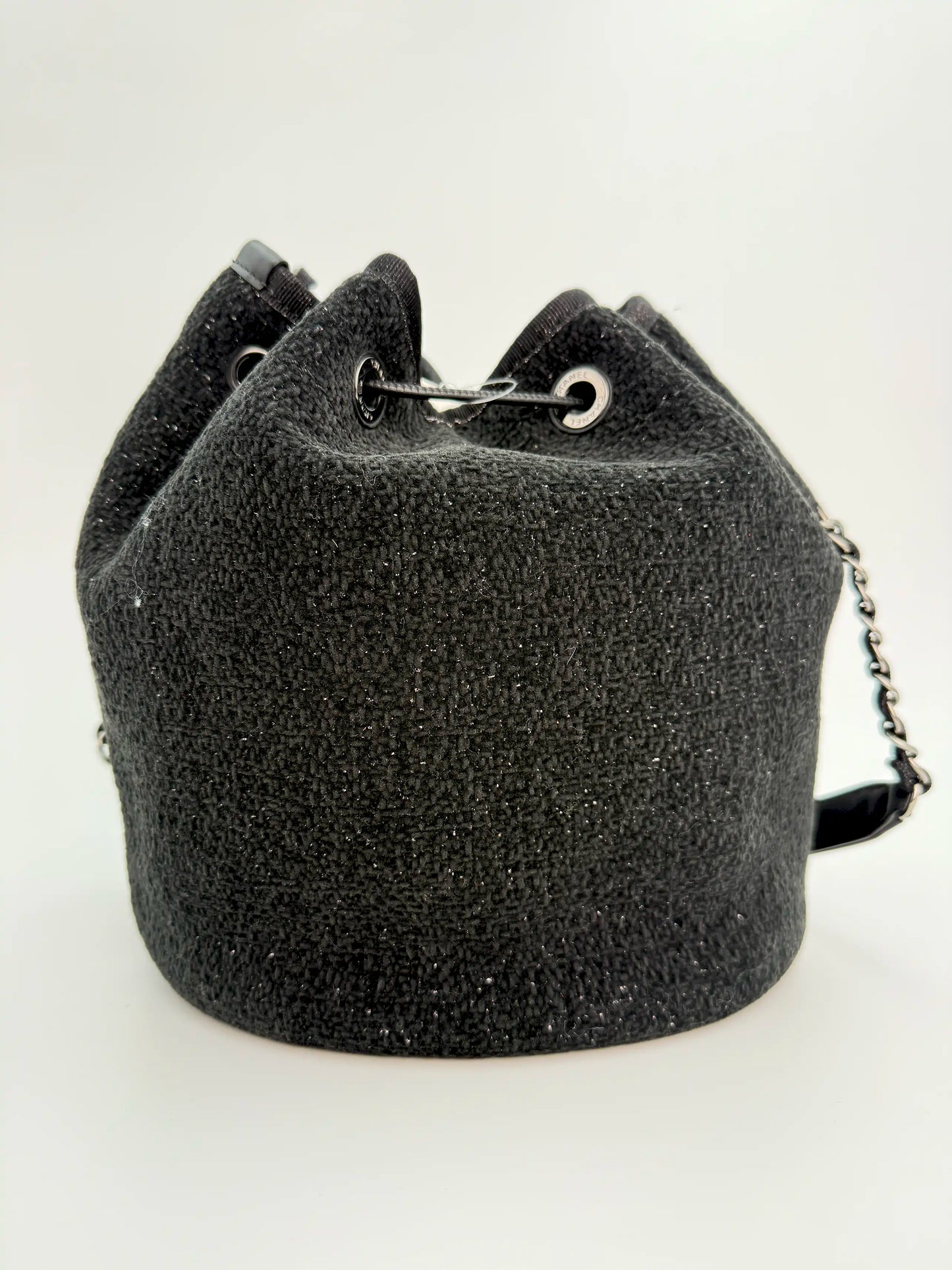 (AJ37) Chanel Black Canvas Deauville Drawstring Bucket Bag, Silver Hardware